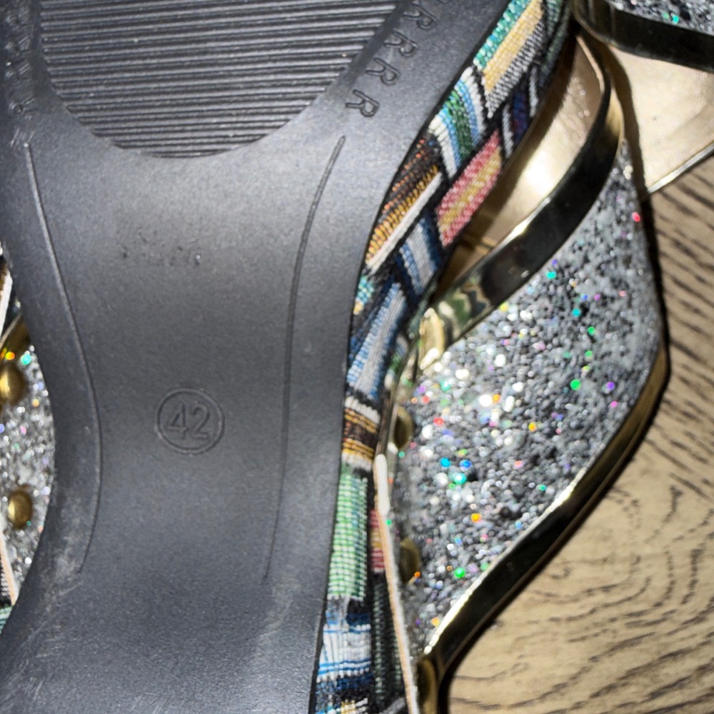 Silver Glitter Multi-Color Woven Wedge Sandals Y2K 90's Disco Square Toe Size 11 - Picture 7 of 9